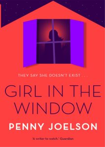 Girl in the Window cover, red, with purple window, shadow of girl behind.